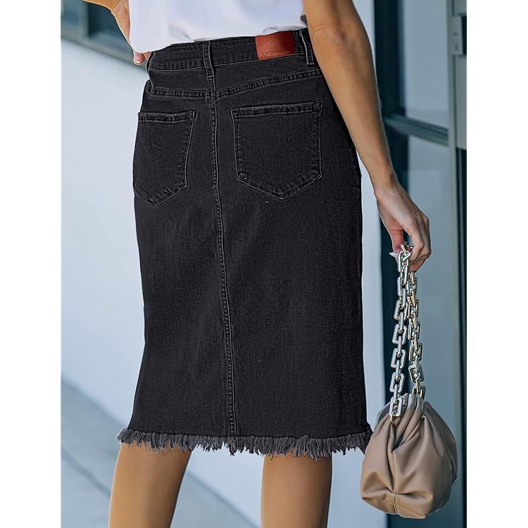 Women's Casual Mid Rise Button Down Frayed Raw Hem Denim Jean Midi Skirt