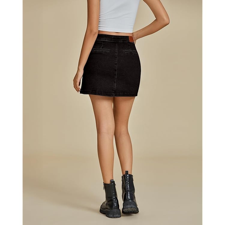 Jean Skirts for Women Denim Mini Trendy High Waisted Stretchy Asymmetrical Faux Wrap Short Skirt with Pockets